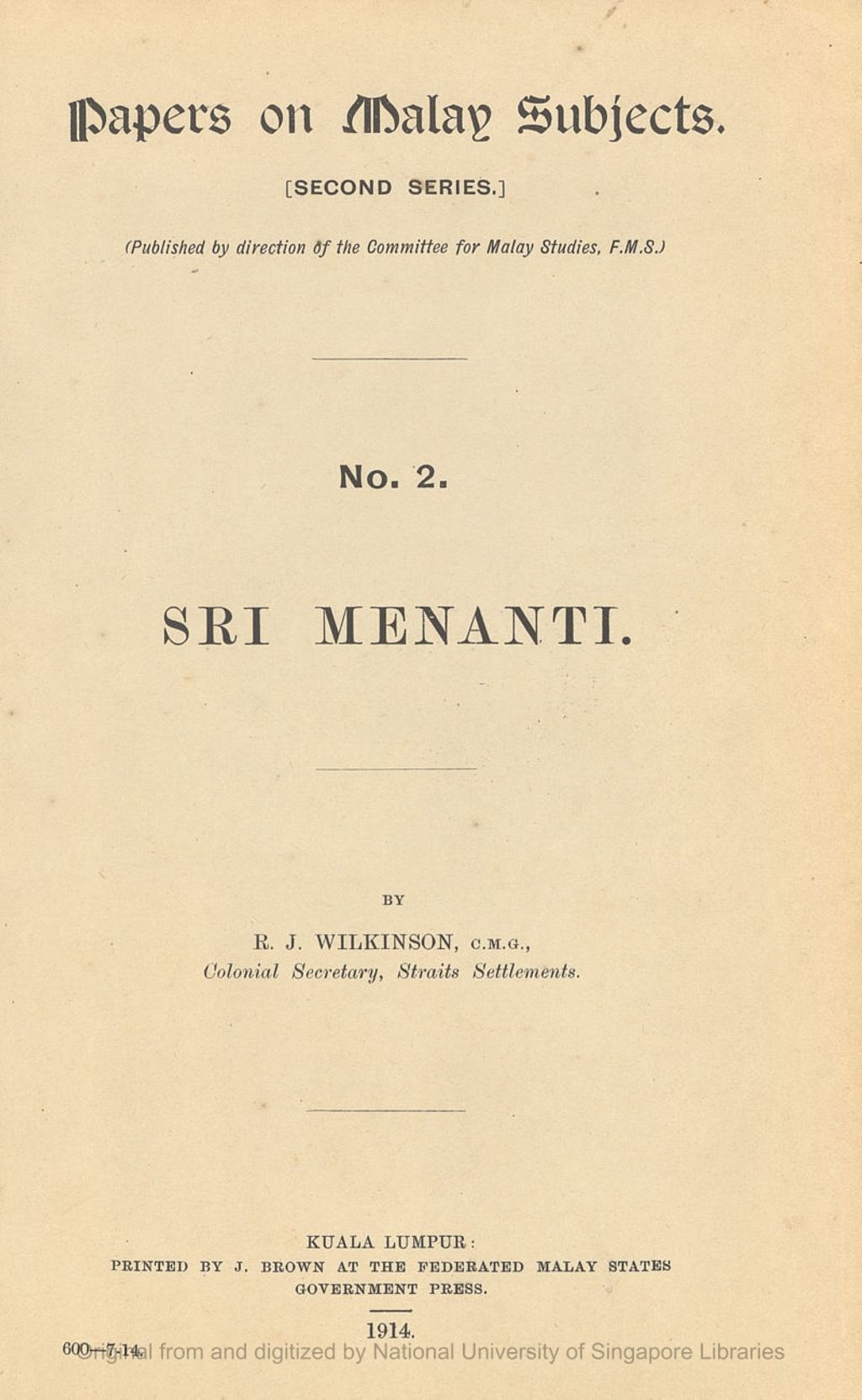 Miniature of Papers on Malay subjects. Series 2, Number 2