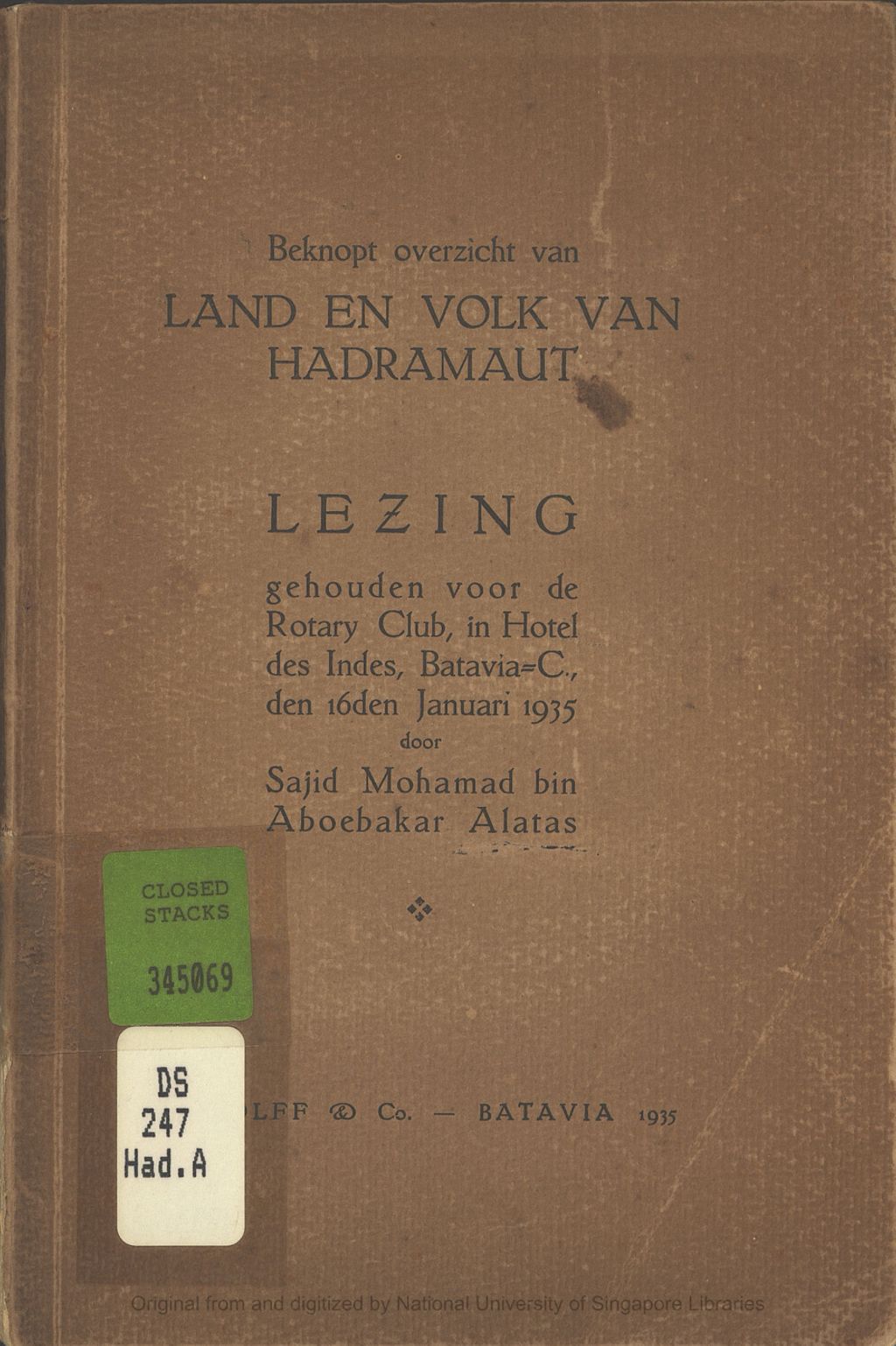 Miniature of Beknopt overzicht van land en volk van Hadramaut : lezing, gehouden voor de Rotary Club, in Hotel des Indes, Batavia