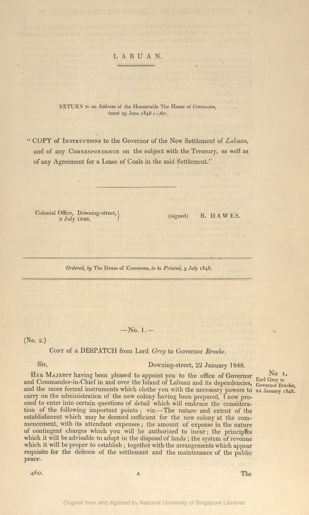 Miniature of Copy of instructions to the Governor of the New Settlement of Labuan and of any correspondence on the subject with the Treasury, as well as of any Agreement for a Lease of Coals in the said Settlement