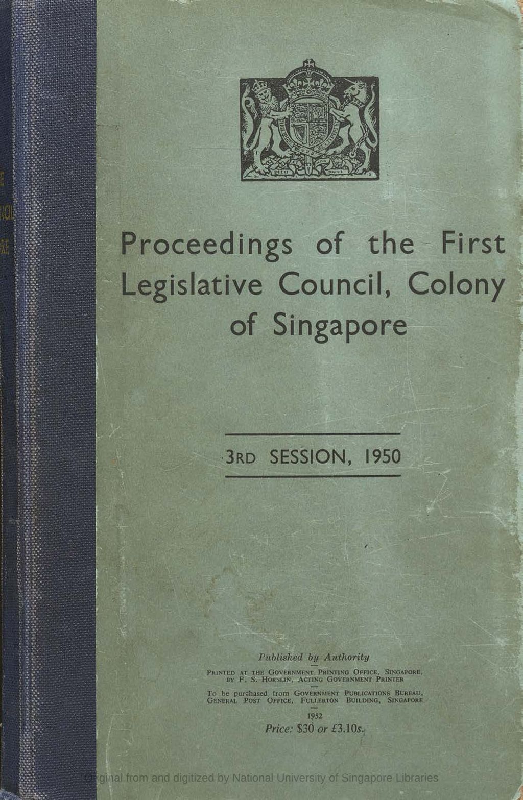 Miniature of Proceedings of the First Legislative Council, Colony of Singapore, 3rd session, 1950