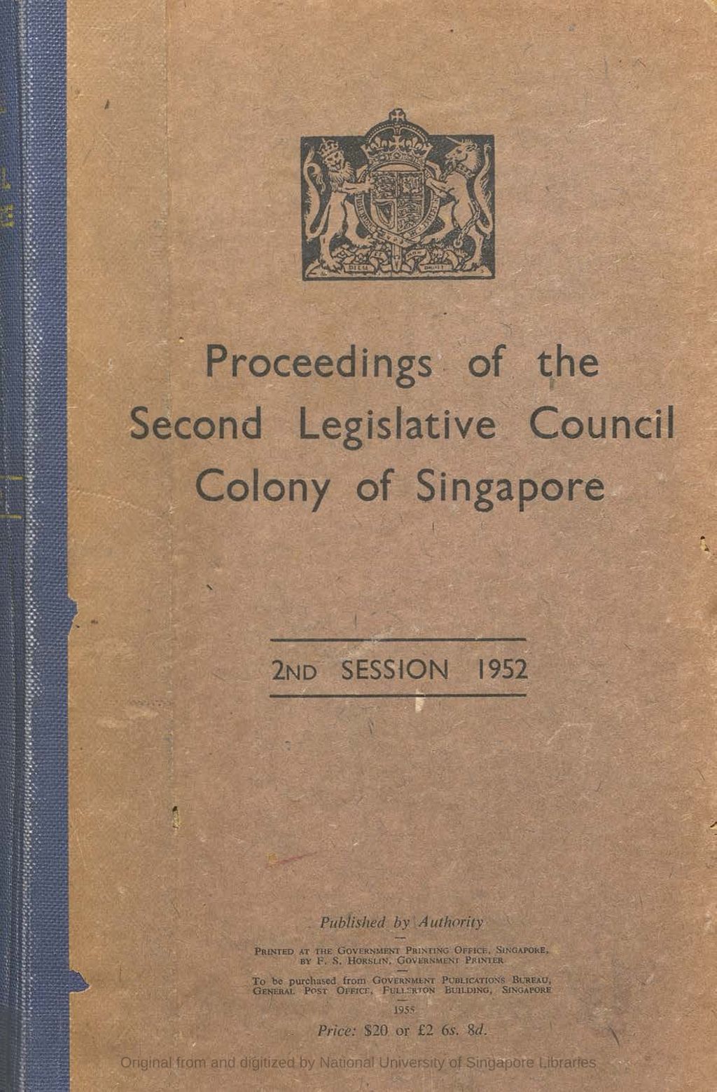 Miniature of Proceedings of the Second Legislative Council, Colony of Singapore, 2nd session 1952