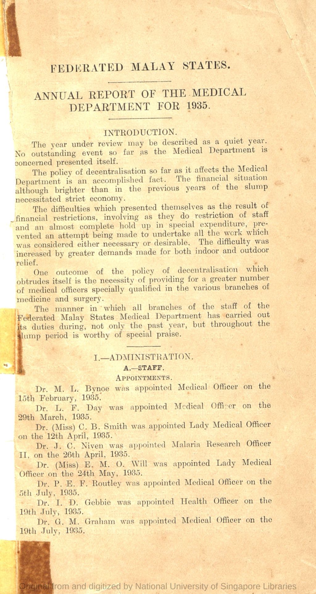 Miniature of Annual report of the Medical Department for the year 1935