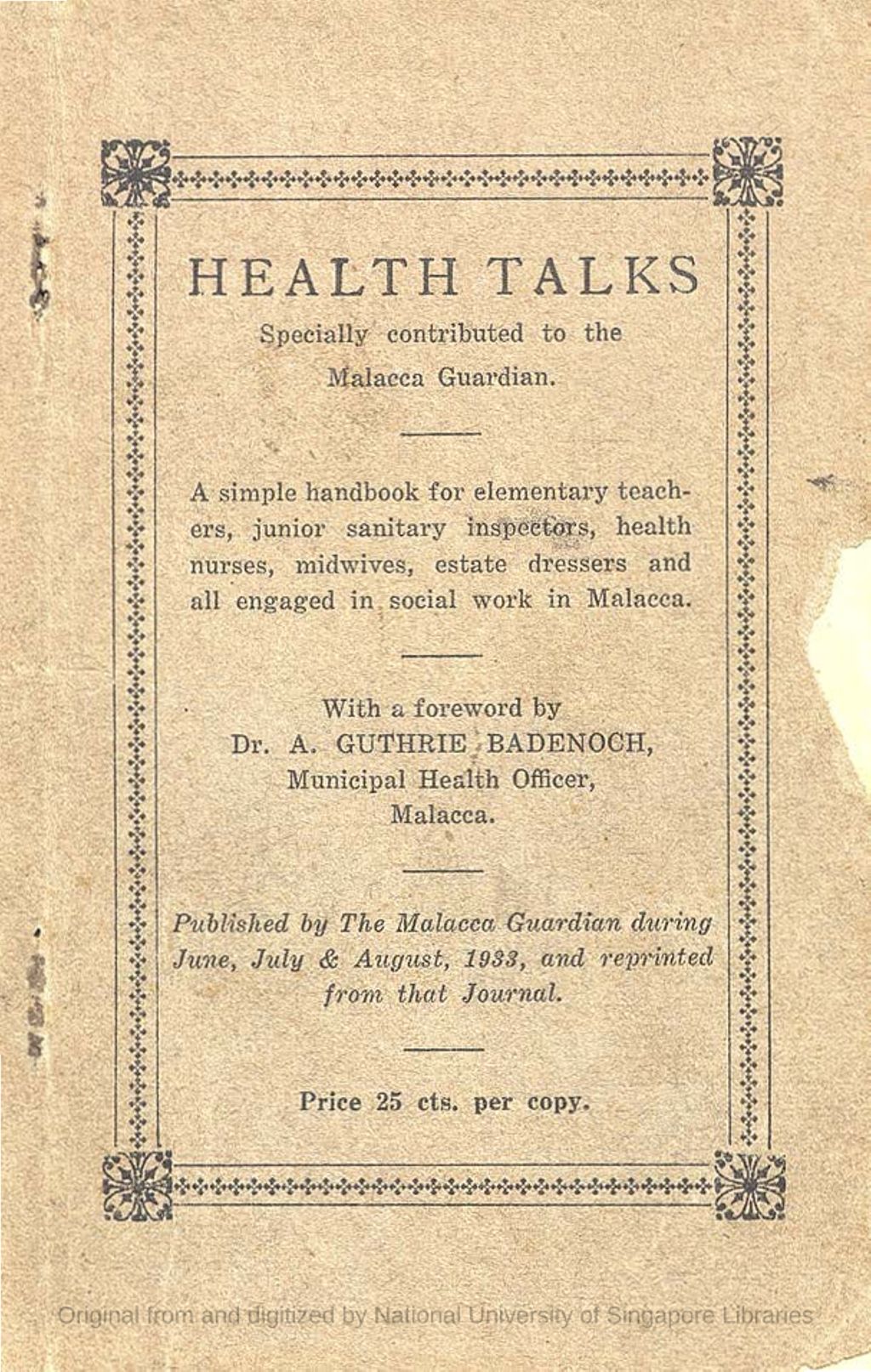 Miniature of Health Talks specially contributed to the Malacca Guardian