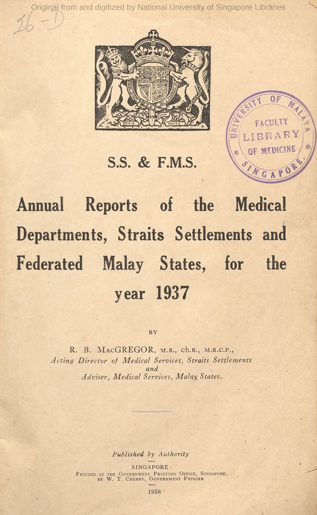 Miniature of Annual reports of the Medical Department, Straits Settlements and Federated Malay States for the year 1937