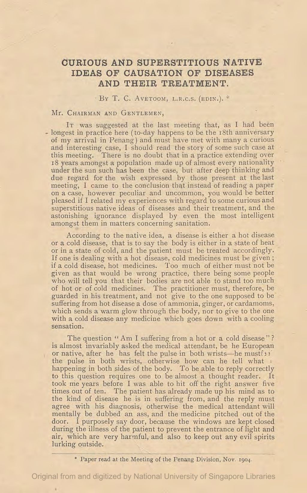 Miniature of Curious and Superstitious Native Ideas of Causation of Diseases and their Treatment