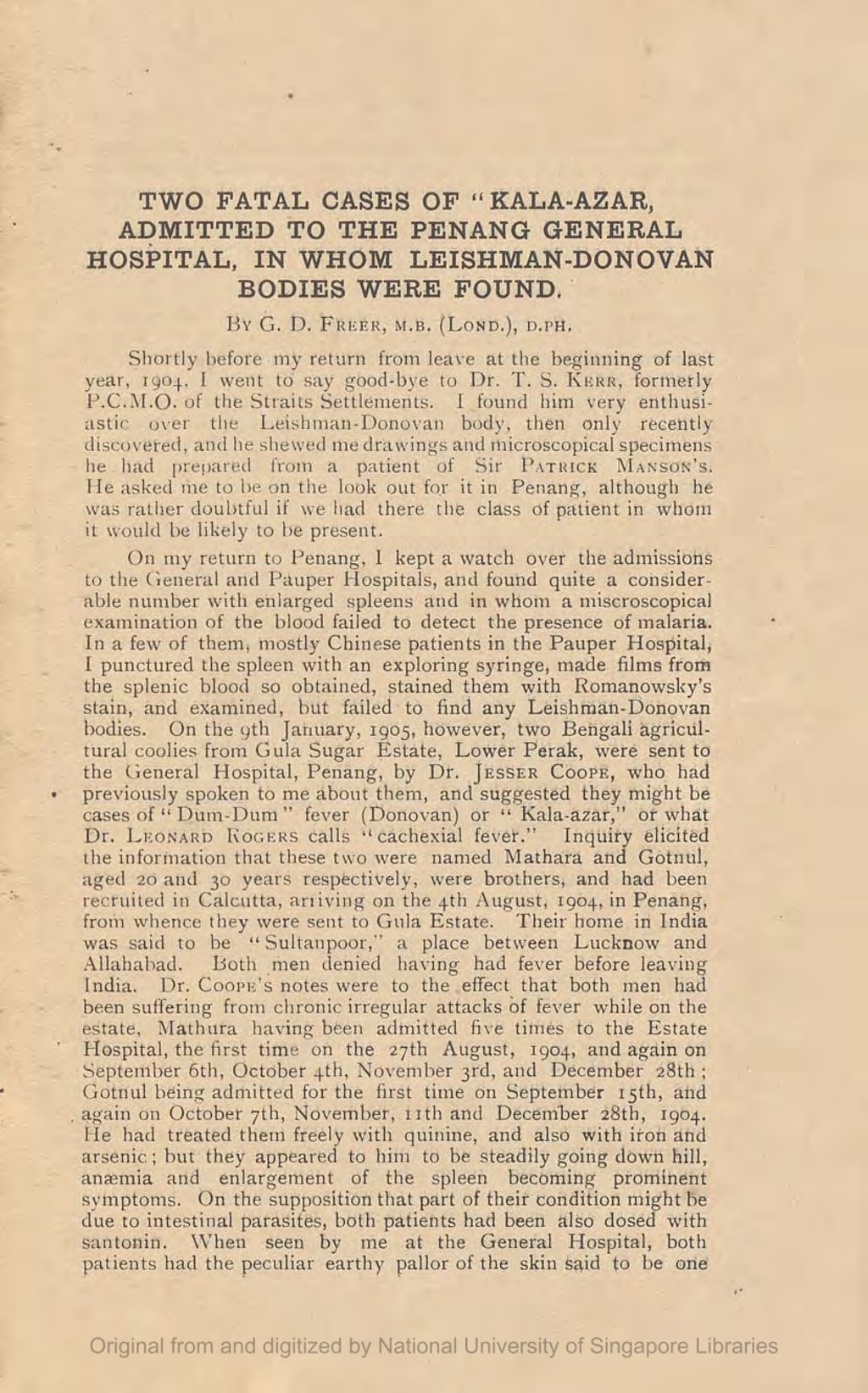 Miniature of Two Fatal Cases of \Kala-Azar\" Admitted to the Penang General Hospital in Whom Leishman-Donovan Bodies Were Found"