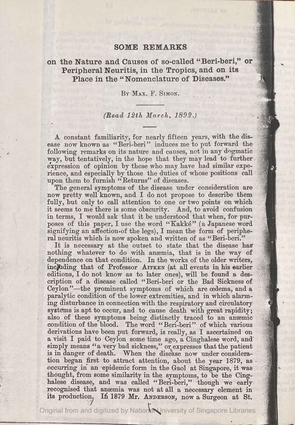 Miniature of Nature and Causes of so-called \Beri-beri\" or Peripheral Neuritis in the Tropics and on its place in the Nomenclature of Diseases"