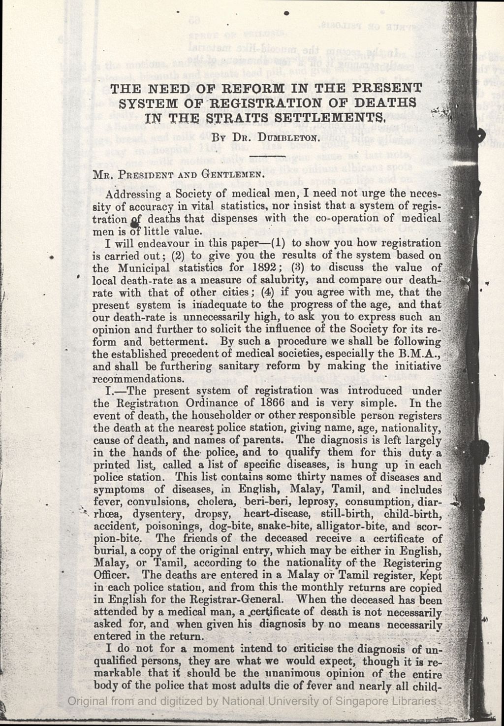 Miniature of Need of Reform in the Present System of Registration of Deaths in the Straits Settlements