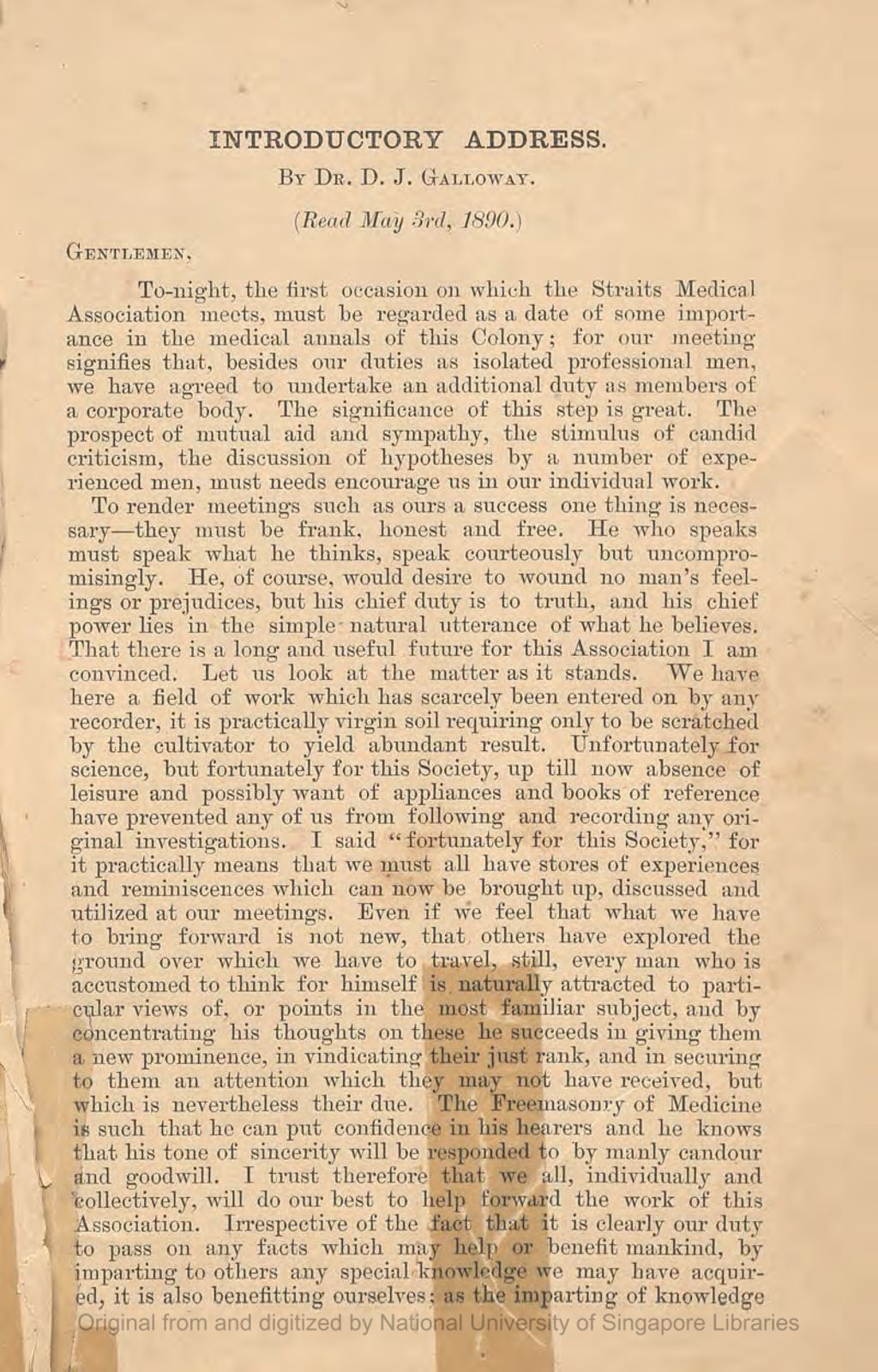 Miniature of Journal of the Straits Medical Association. Number 1. Introductory Address