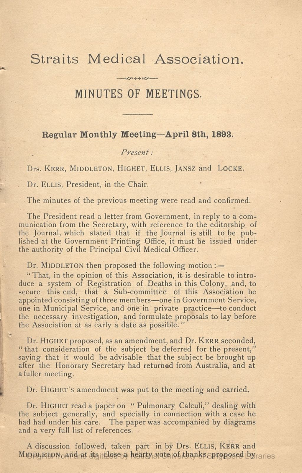 Miniature of Journal of the Straits Medical Association. Number 5. Minutes of Meetings