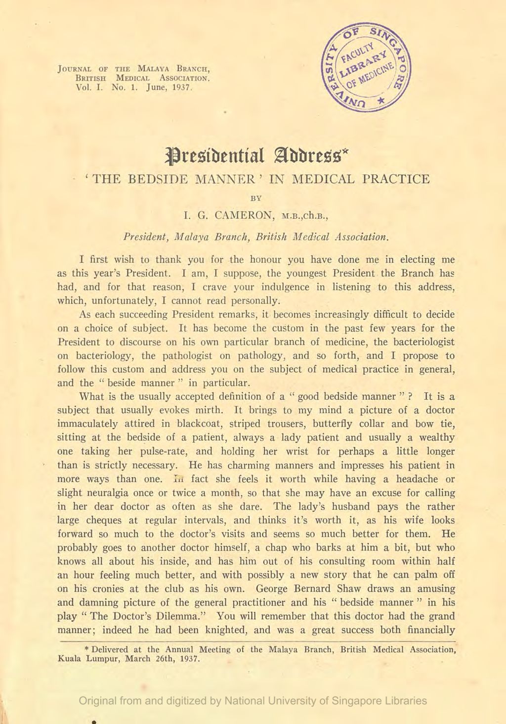 Miniature of Presidential Address - The \Bedside Manner\" in Medial Practice"