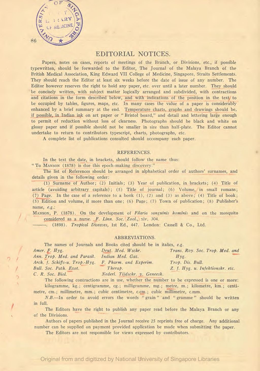 Miniature of Journal of the Malaya Branch of the British Medical Association. Volume 1, Number 1. Editorial Notices