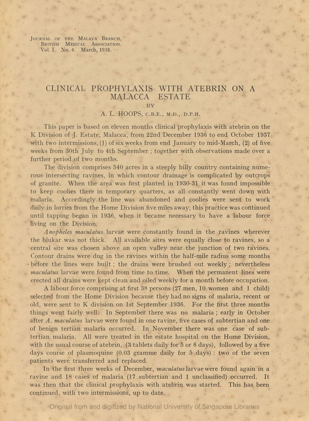 Miniature of Clinical Prophylaxis with Atebrin on a Malacca Estate