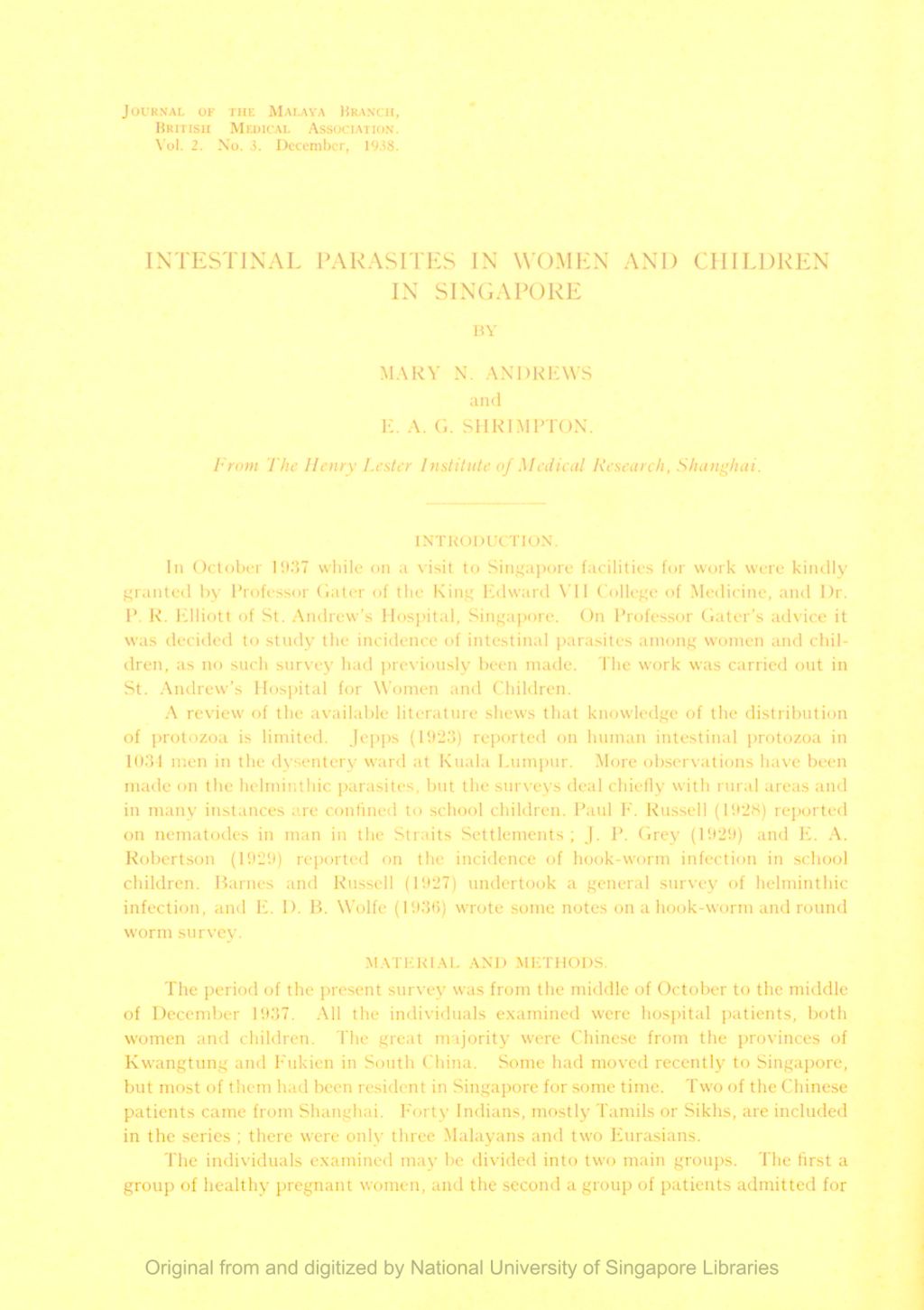 Miniature of Intestinal Parasites in Women and Children in Singapore