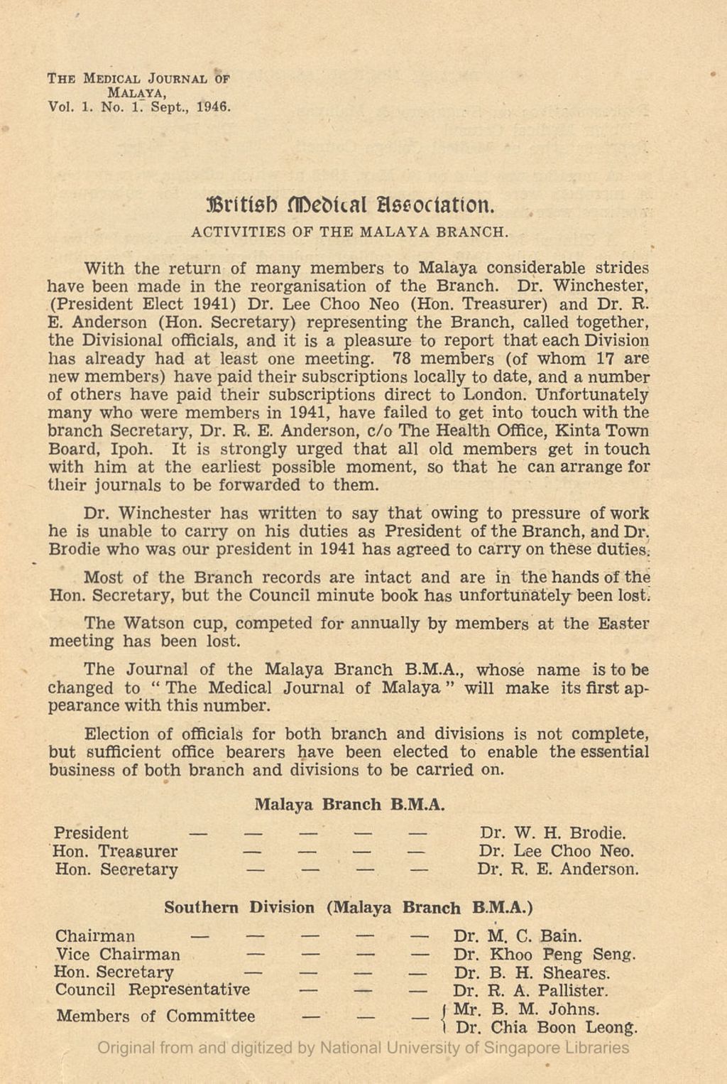 Miniature of British Medical Association. Activities of the Malaya Branch