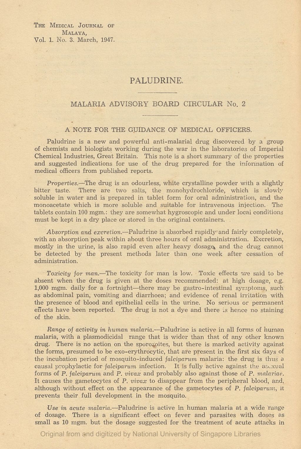 Miniature of Paludrine. Malaria Advisory Board Circular No.2