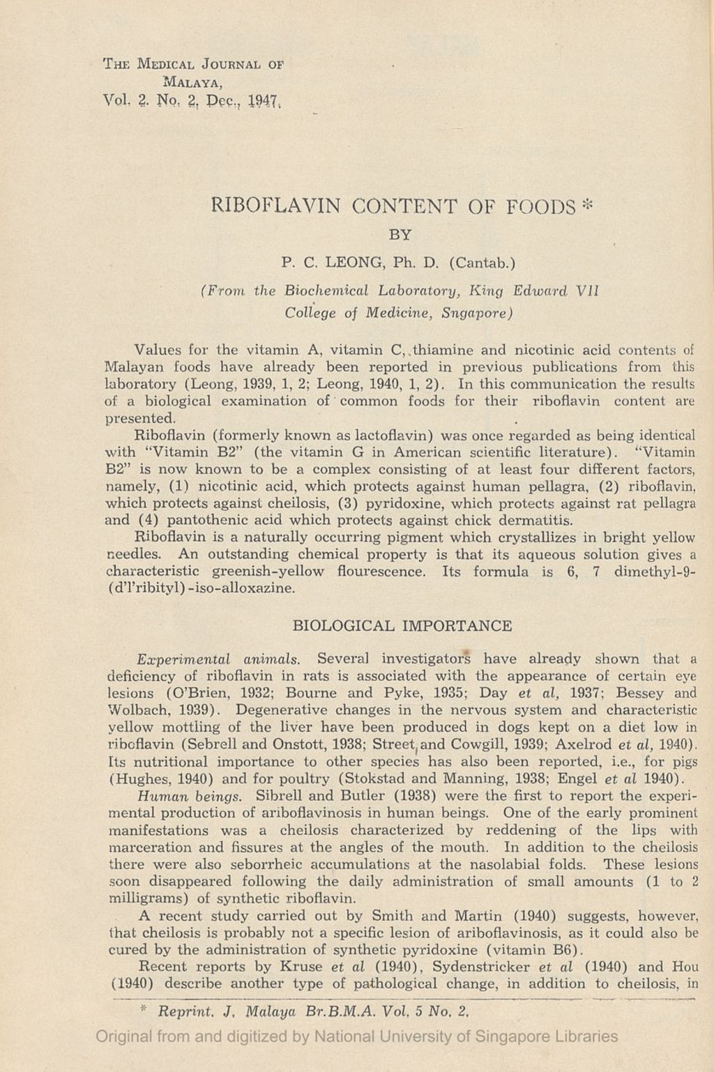 Miniature of Medical Journal of Malaya. Volume 2, Number 2. Riboflavin Content of Foods