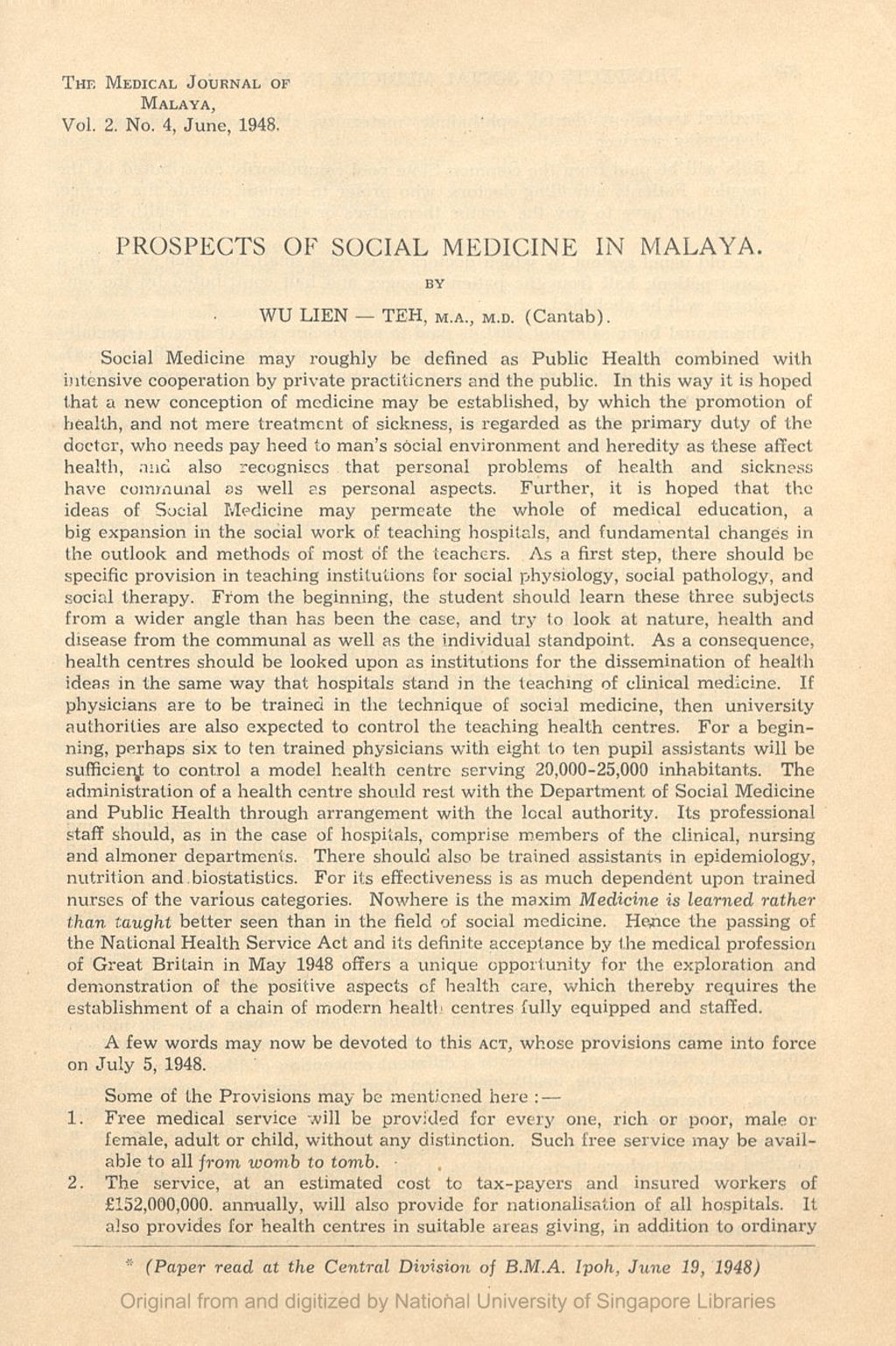 Miniature of Prospects of Social Medicine in Malaya