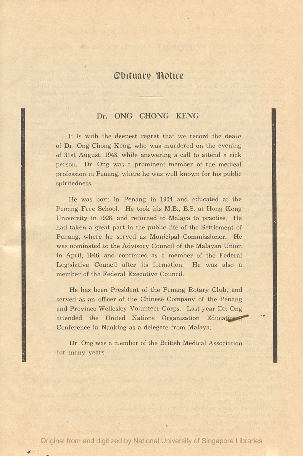 Miniature of Obituary Notice: Dr. Ong Chong Keng