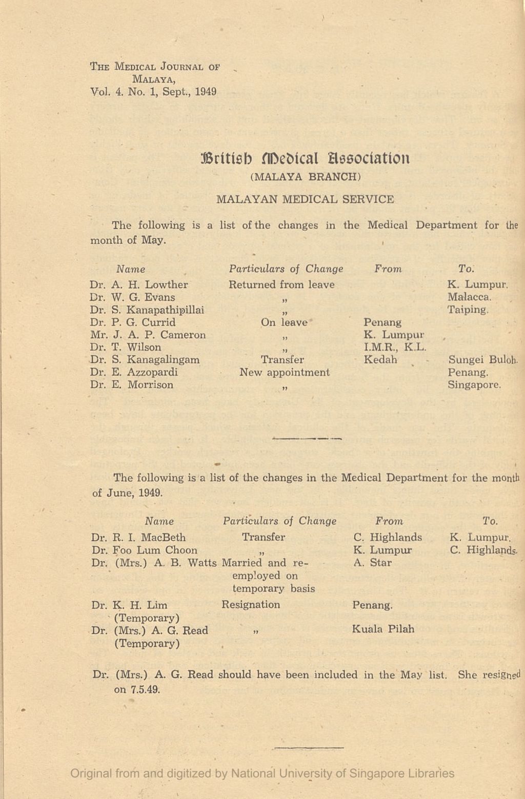 Miniature of Medical Journal of Malaya. Volume 4, Number 1. British Medical Association (Malaya Branch) Malayan Medical Service