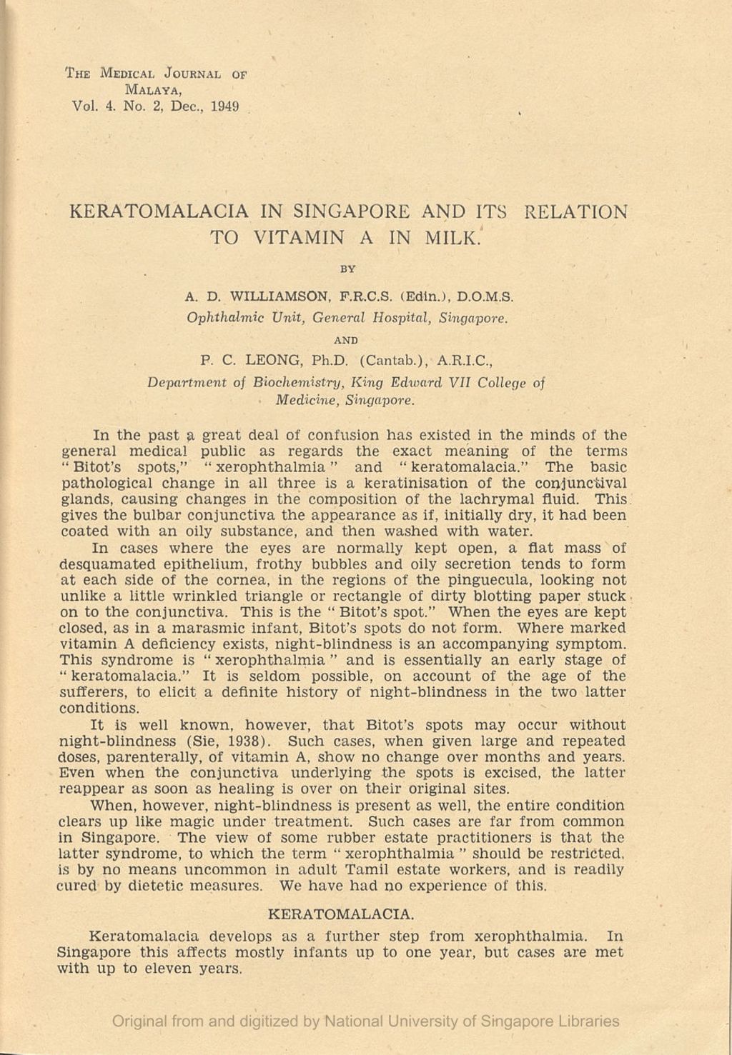 Miniature of Keratomalacia in Singapore and its Relation to Vitamin A in Milk