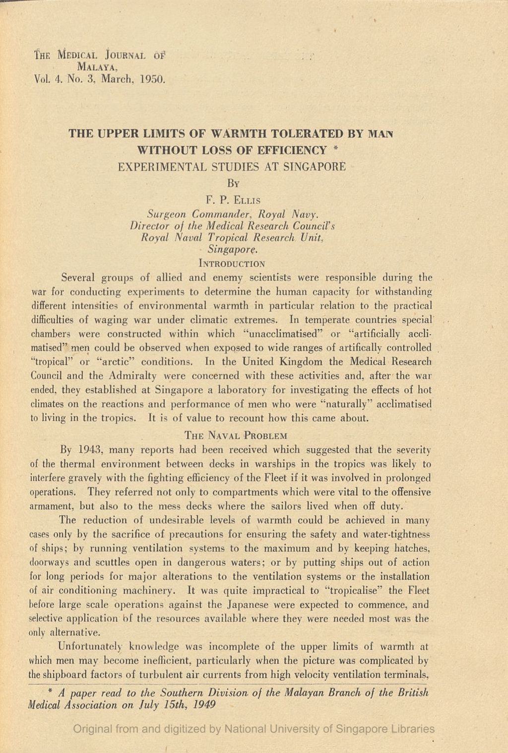 Miniature of The Upper Limits of Warmth Tolerated by Man Without Loss of Efficiency