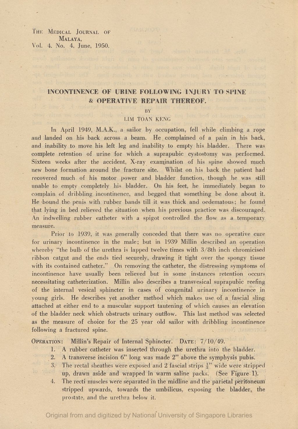 Miniature of Incontinence of Urine Following Injury to Spine & Operative Repair Thereof