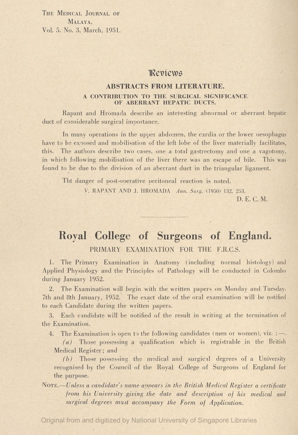 Miniature of Reviews. Abstracts From Literature. A Contribution To The Surgical Significance Of Aberrant Hepatic Ducts