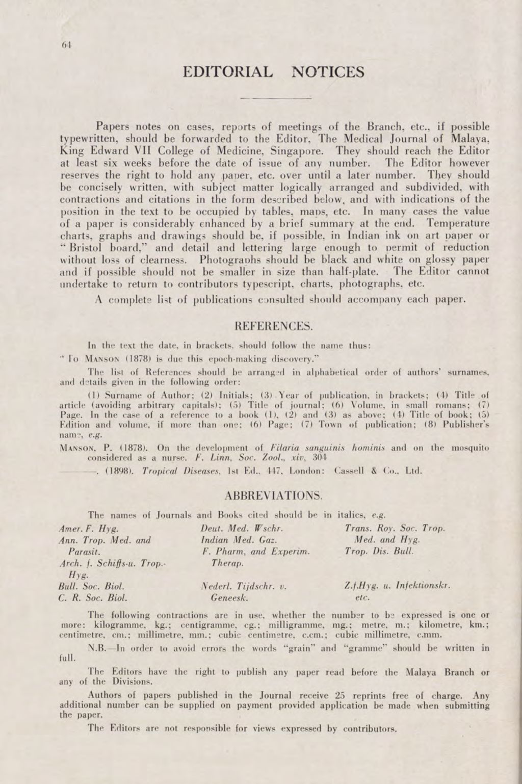 Miniature of Medical Journal Of Malaya. Volume 6, Number 1. Editorial Notices