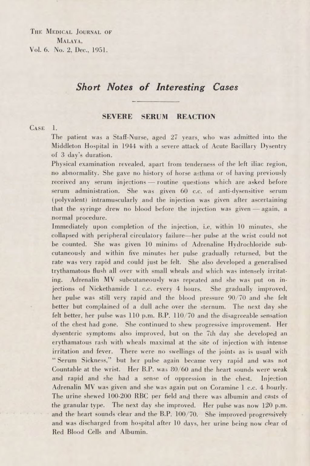 Miniature of Short Notes Of Interesting Cases. Severe Serum Reaction