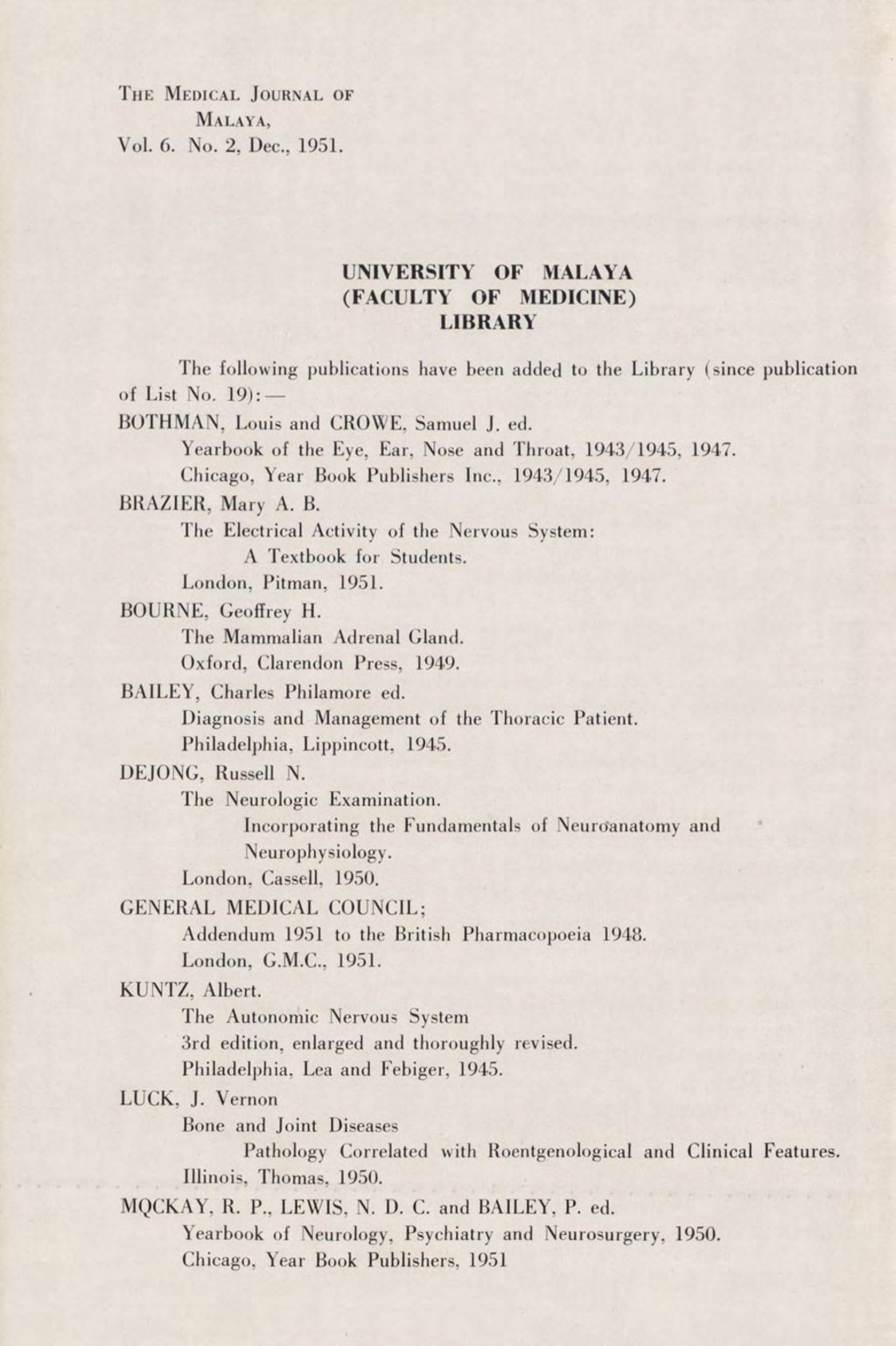 Miniature of Medical Journal Of Malaya. Volume 6, Number 2. Univeristy of Malaya (Faculty of Medicine) Library