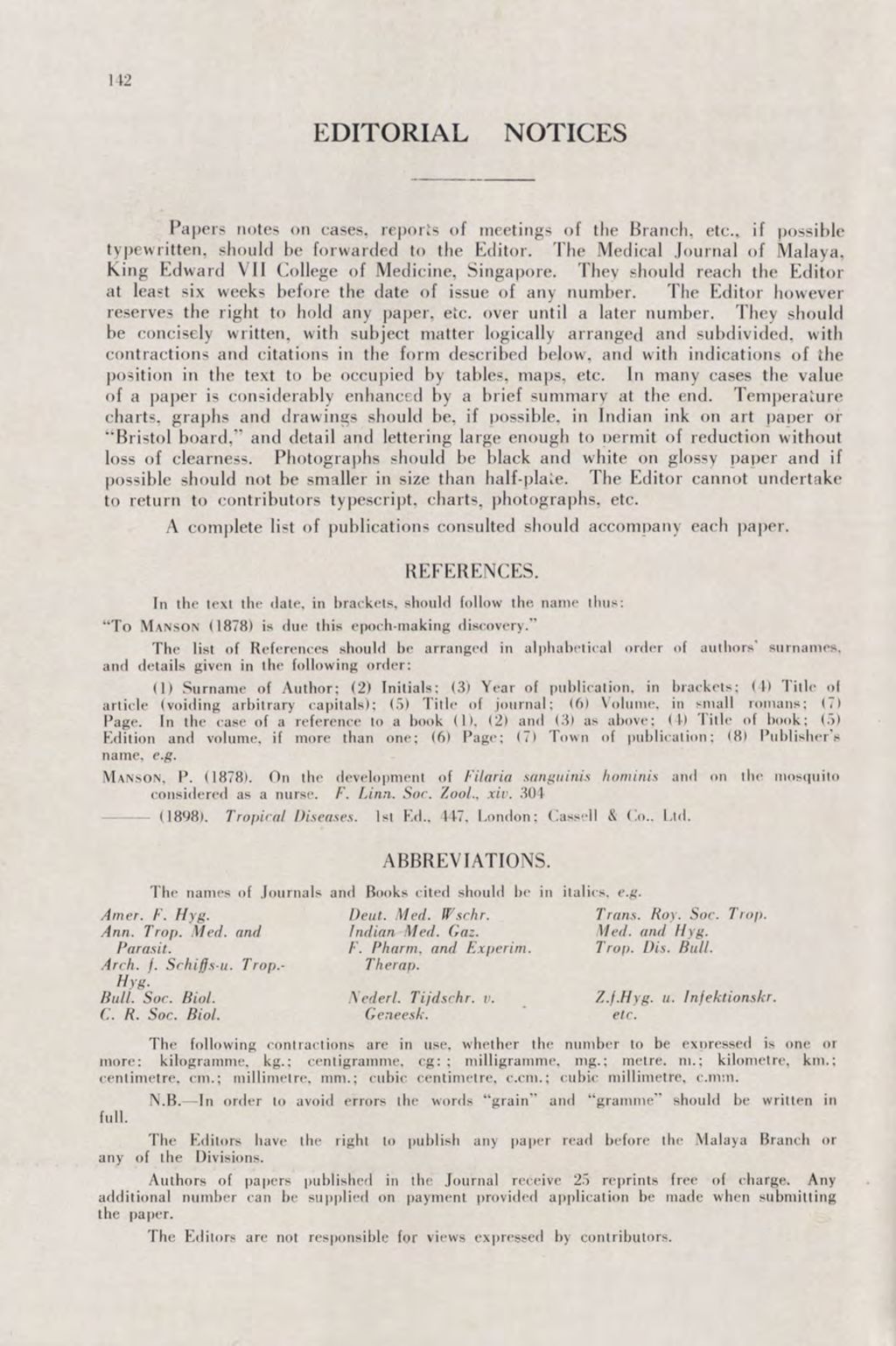 Miniature of Medical Journal Of Malaya. Volume 6, Number 2. Editorial Notices