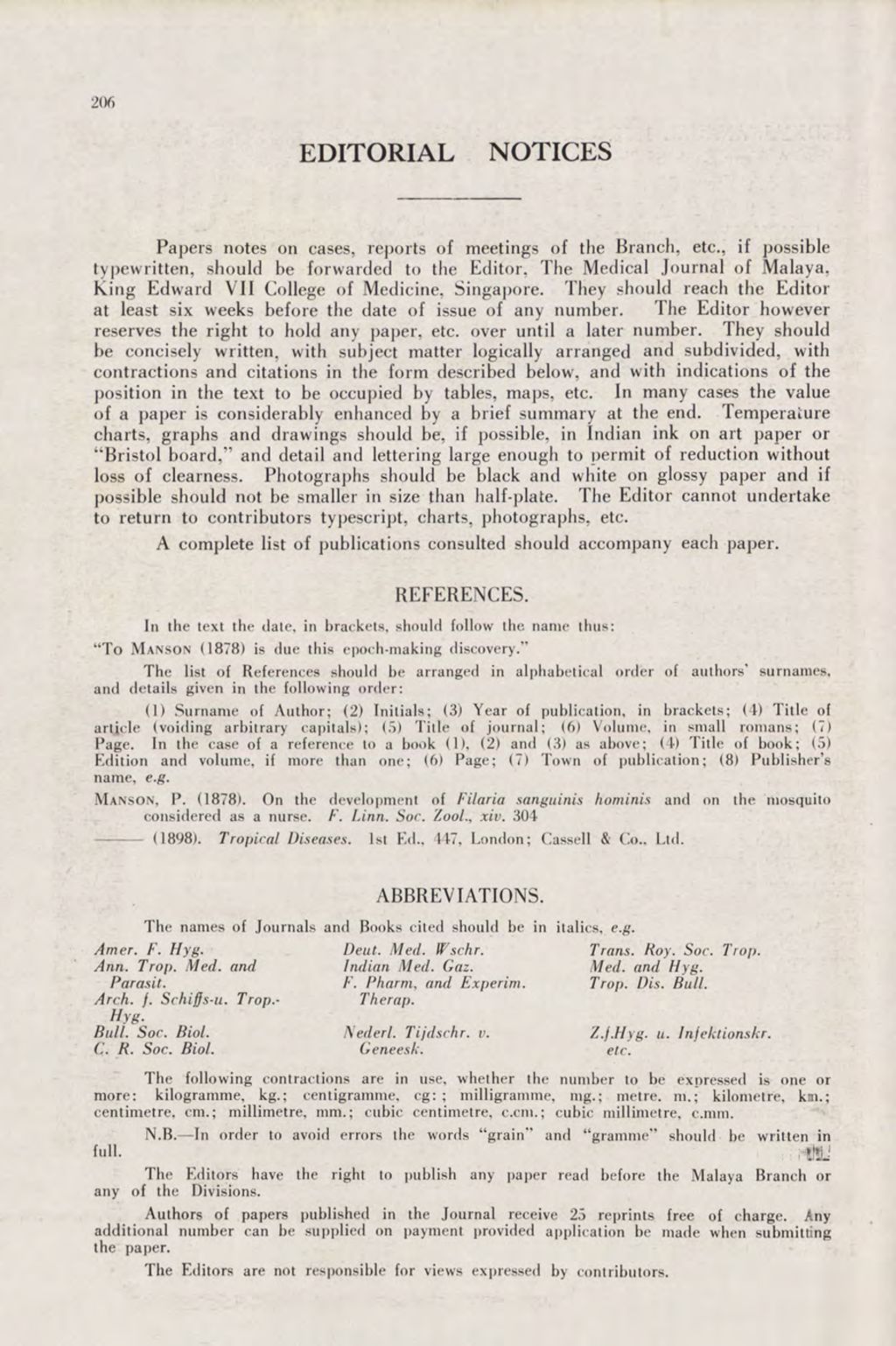 Miniature of Medical Journal Of Malaya. Volume 6, Number 3. Editorial Notices