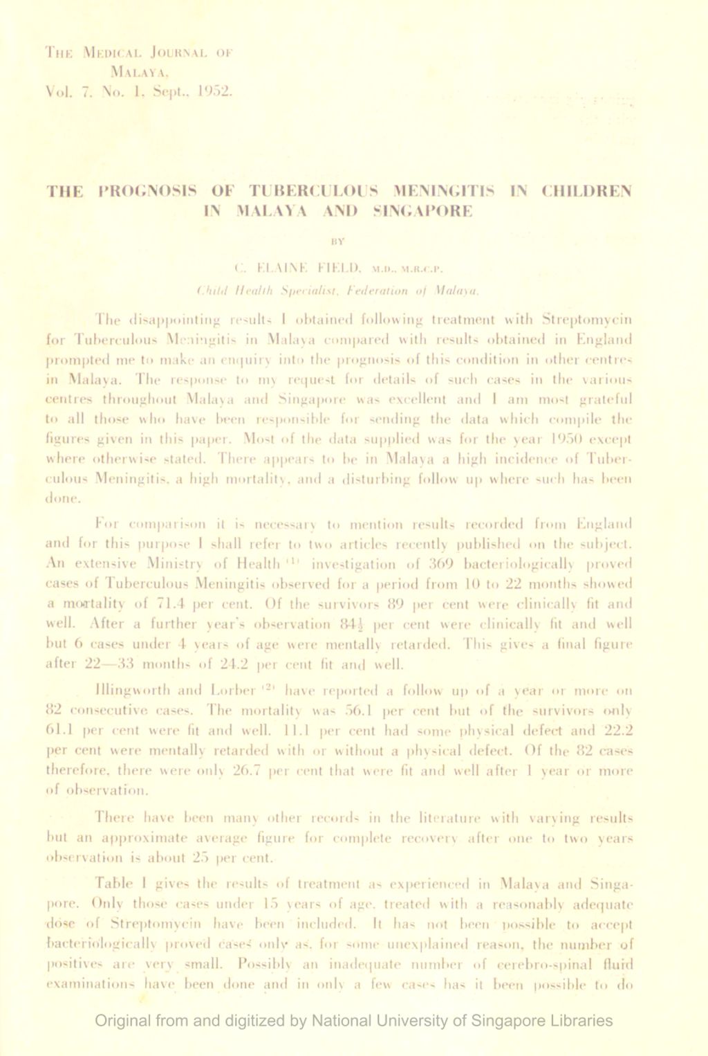 Miniature of Prognosis Of Tuberculous Meningitis In Children In Malaya And Singapore