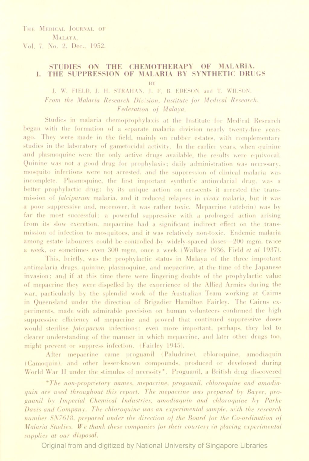 Miniature of Studies On The Chemotherapy Of Malaria. 1. The Suppression Of Malaria By Synthetic Drugs