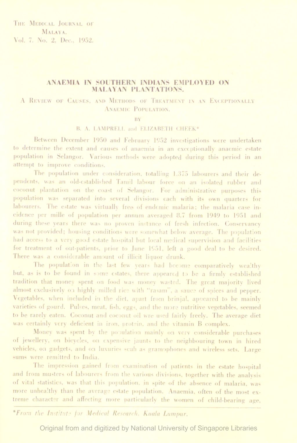 Miniature of Anaemia In Southern Indians Employed On Malayan Plantations. A Review Of Causes, And Methods Of Treatment In An Exceptionally Anaemic Population