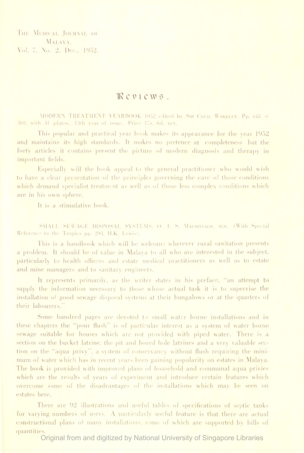 Miniature of Medical Journal of Malaya. Volume 7, Number 2. Reviews