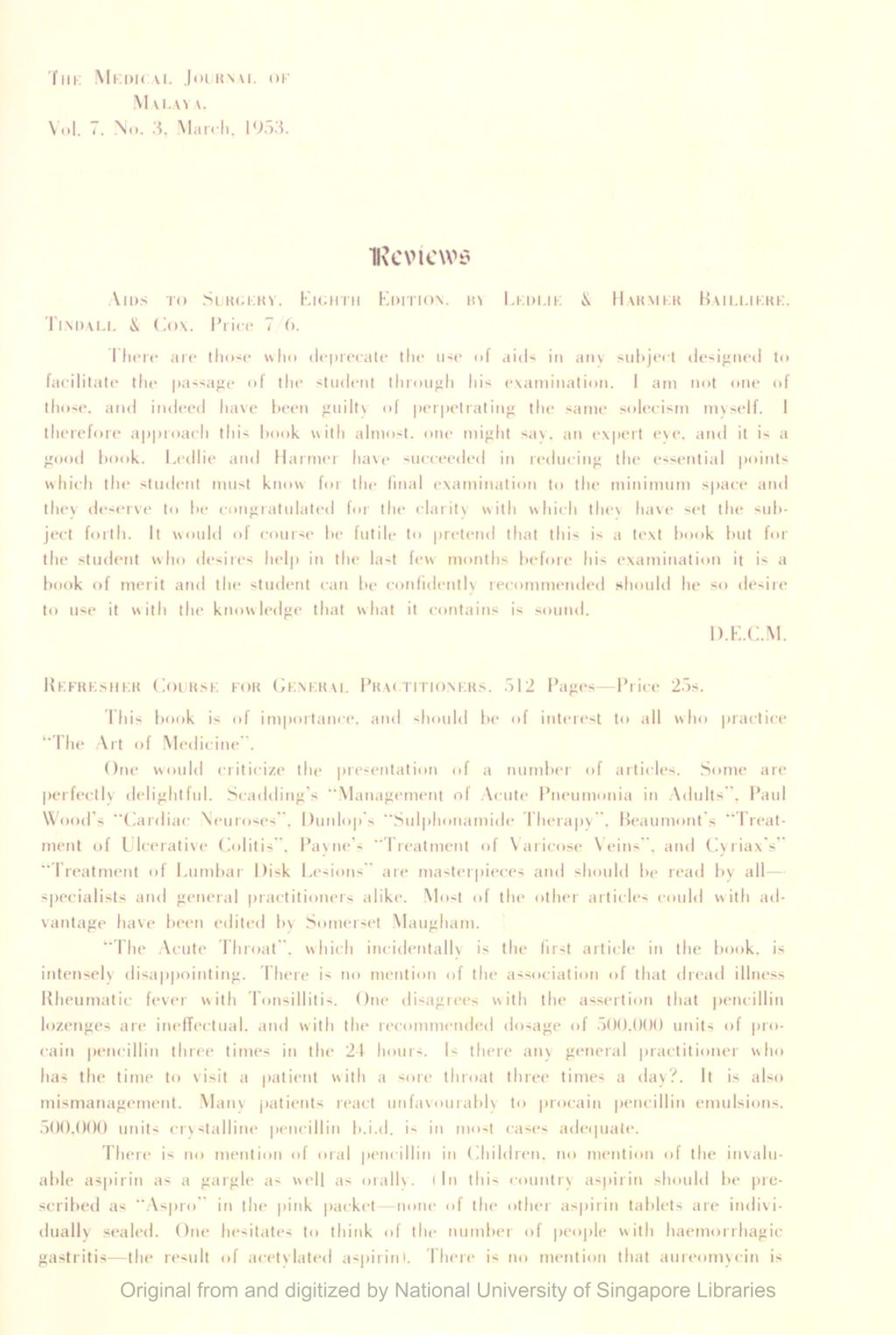 Miniature of Medical Journal of Malaya. Volume 7, Number 3. Reviews