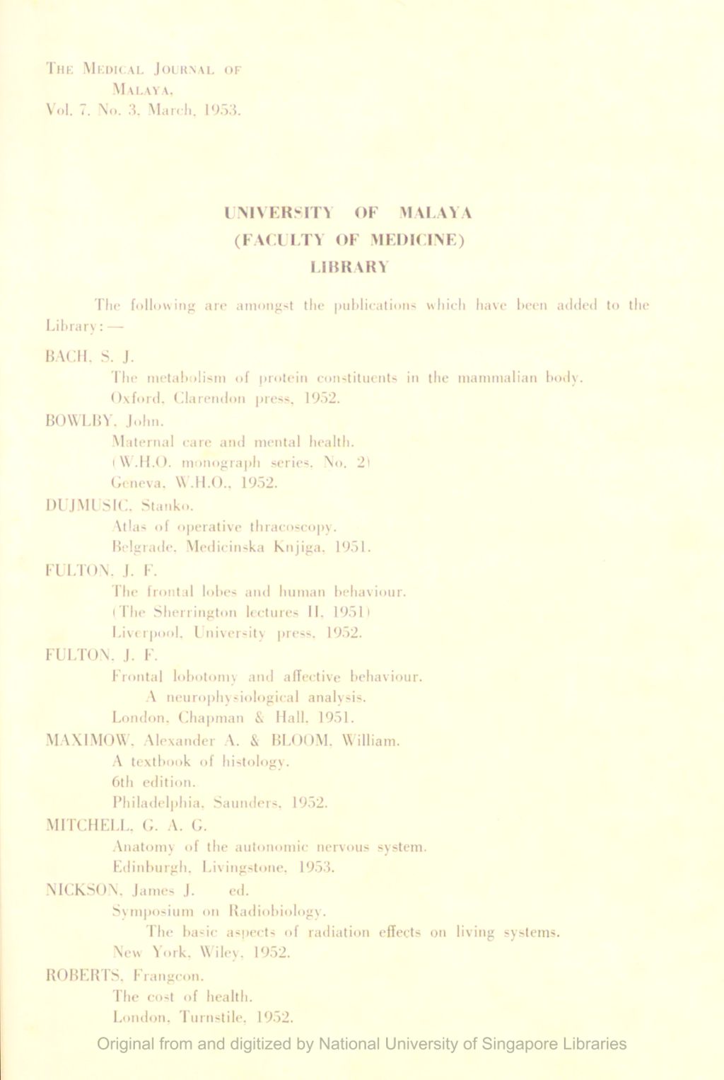 Miniature of Medical Journal of Malaya. Volume 7, Number 3. University Of Malaya Faculty Of Medicine Library