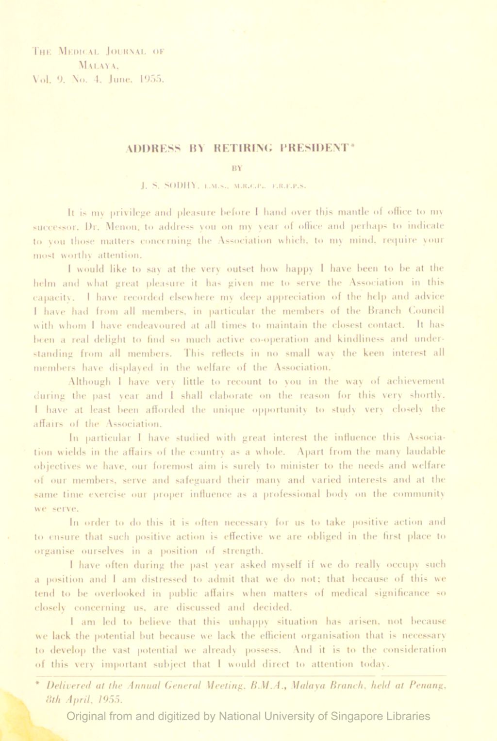 Miniature of Medical Journal of Malaya. Volume 9, Number 4. Address By Retiring President