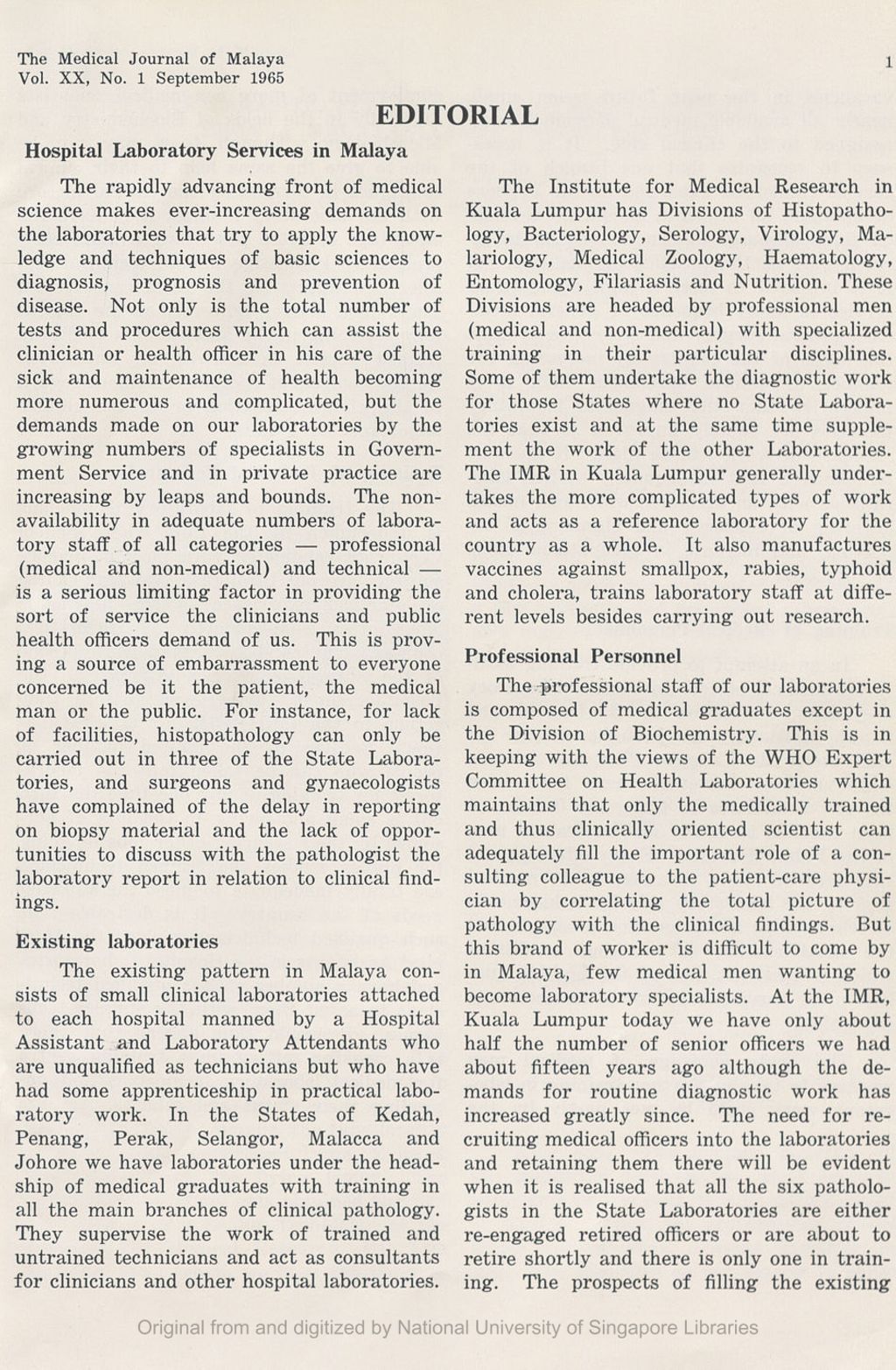 Miniature of Medical Journal of Malaya. Volume 20, Number 1. Editorial