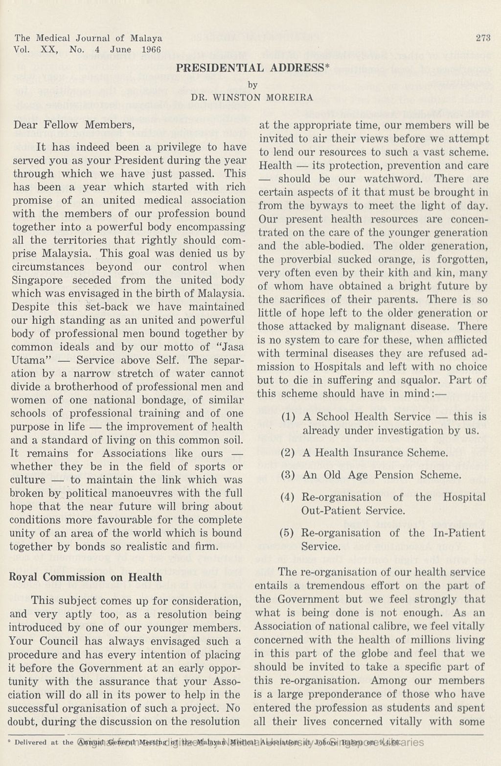 Miniature of Medical Journal of Malaya. Volume 20, Number 4. Presidential Address