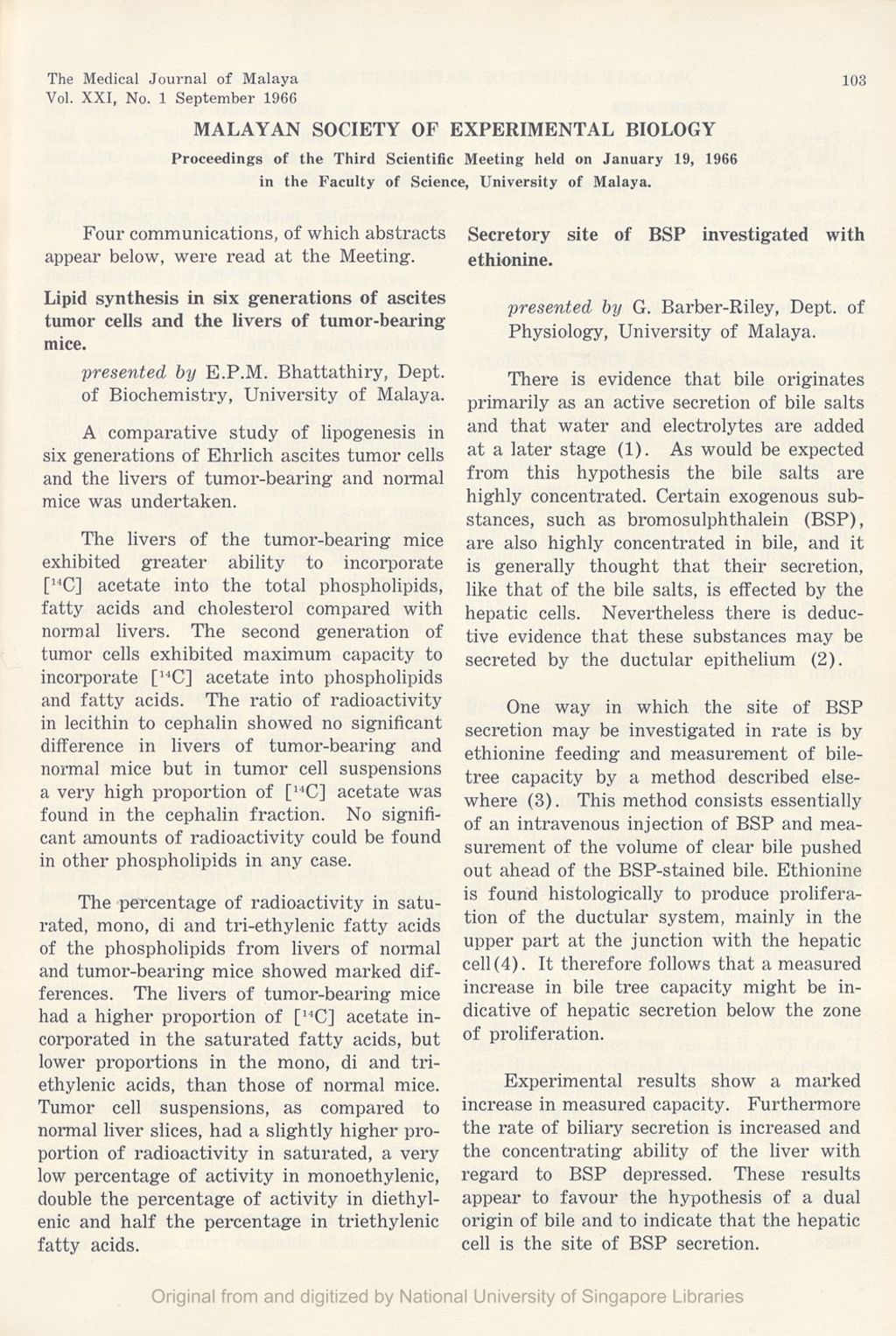 Miniature of Medical Journal of Malaya. Volume 21, Number 1. Malayan Society Of Experimental Biology