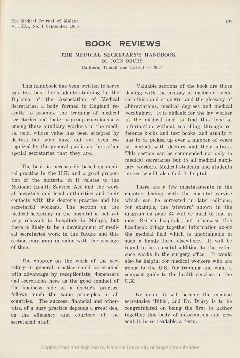 Miniature of Medical Journal of Malaya. Volume 21, Number 1. Book Reviews