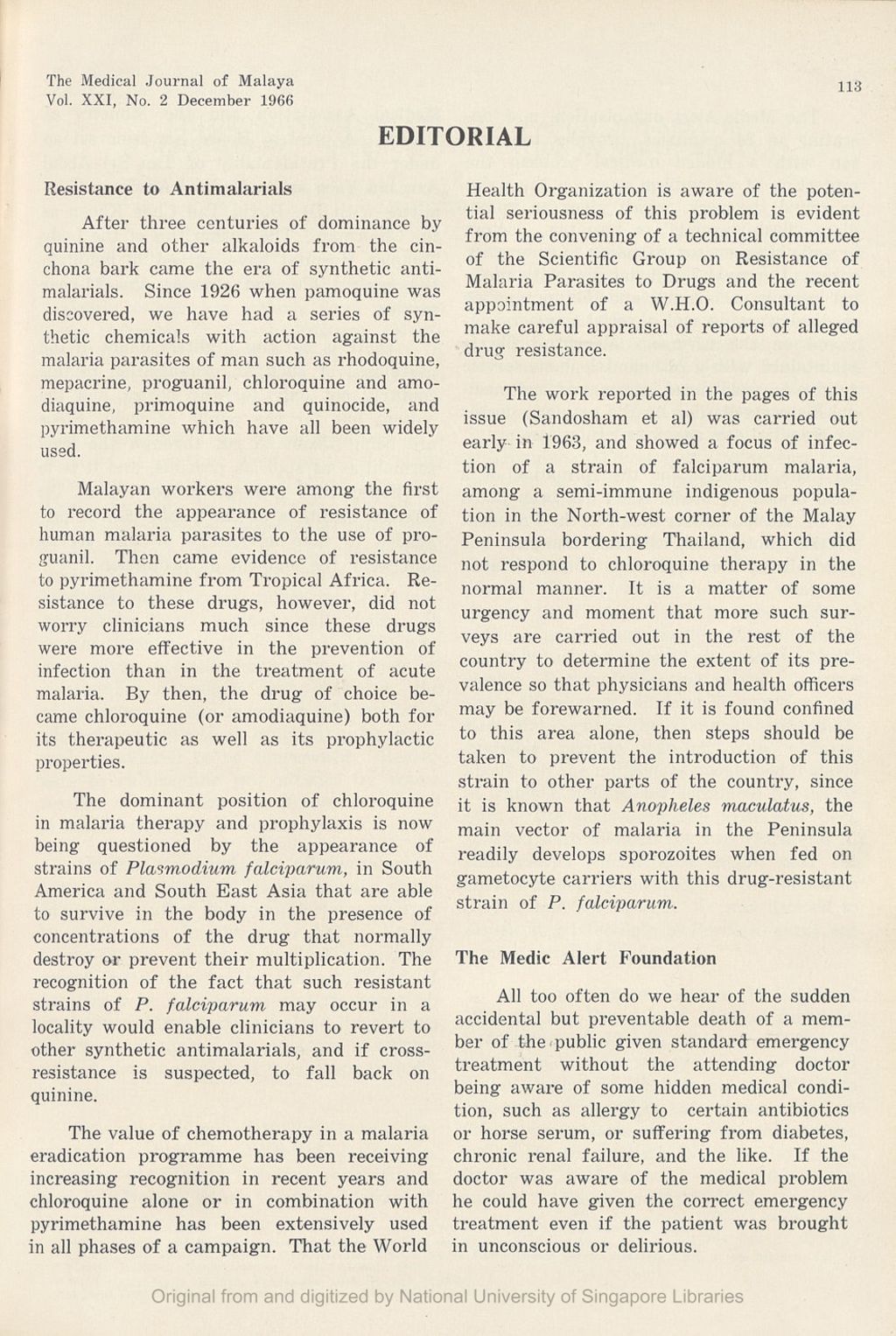 Miniature of Medical Journal of Malaya. Volume 21, Number 2. Editorial