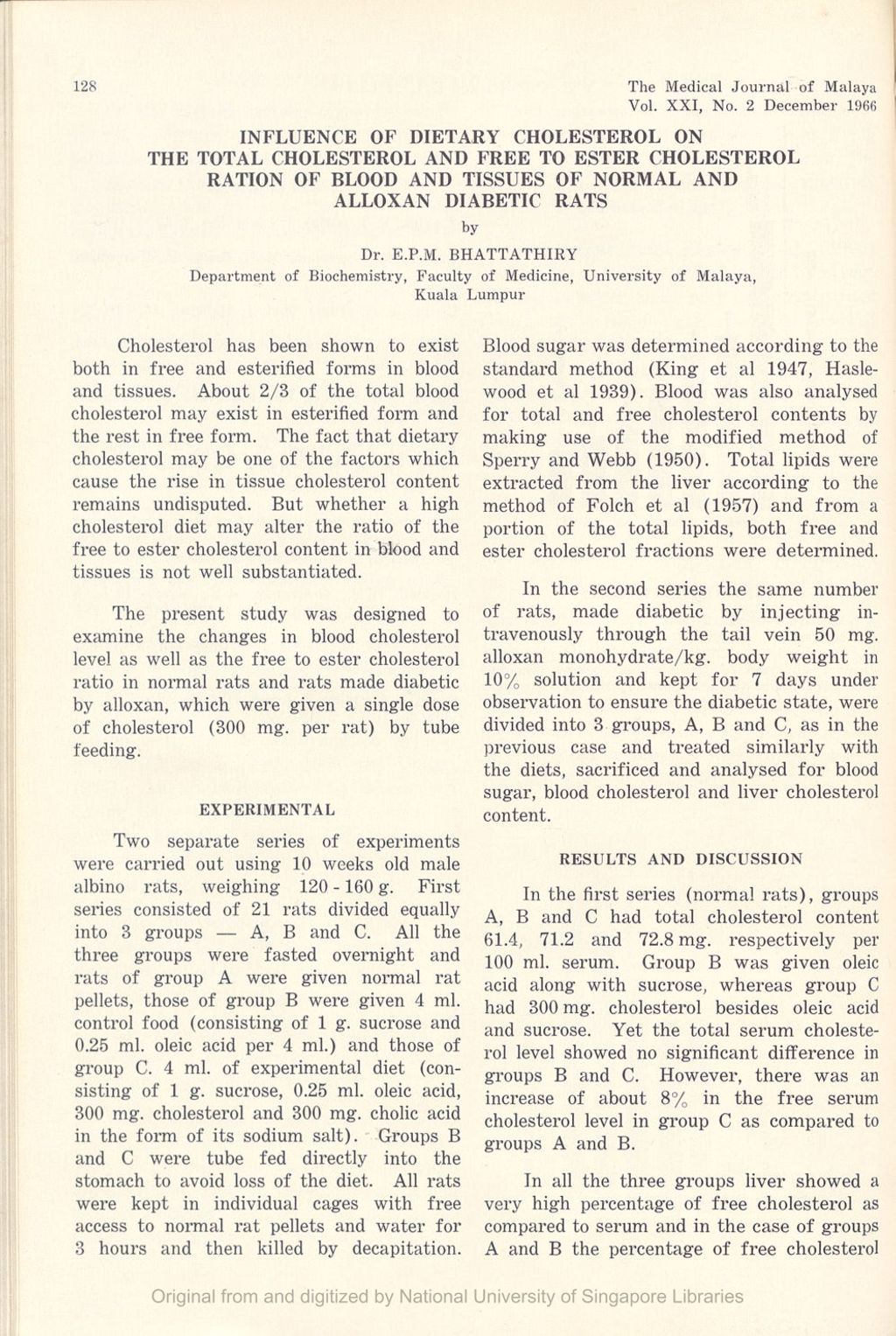 Miniature of Influence Of Dietary Cholesterol On The Total Cholesterol And Free To Ester Cholesterol Ration Of Blood And Tissues Of Normal And Alloxan Diabetic Rats