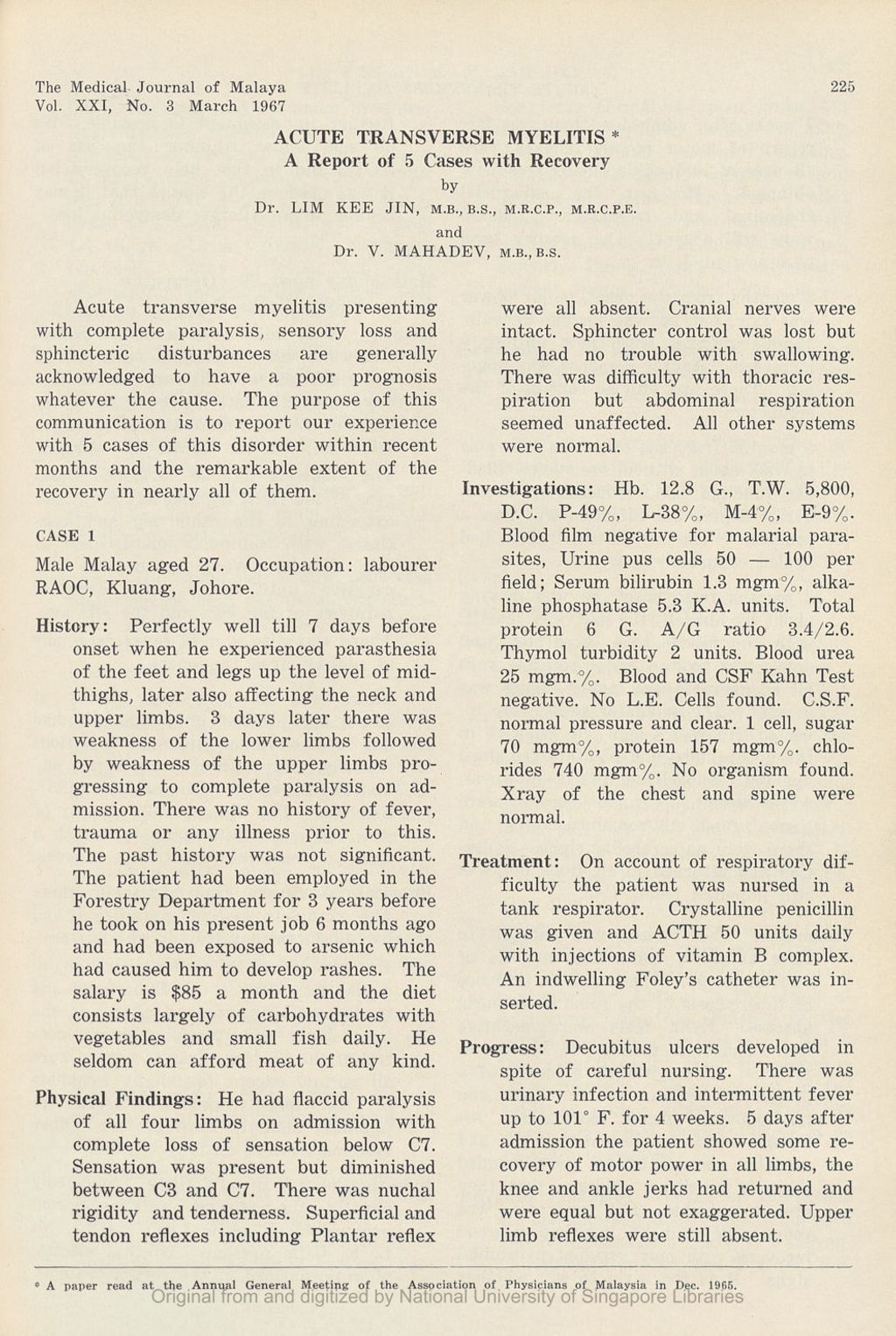 Miniature of Acute Transverse Myelitis â€” A Report Of 5 Cases With Recovery