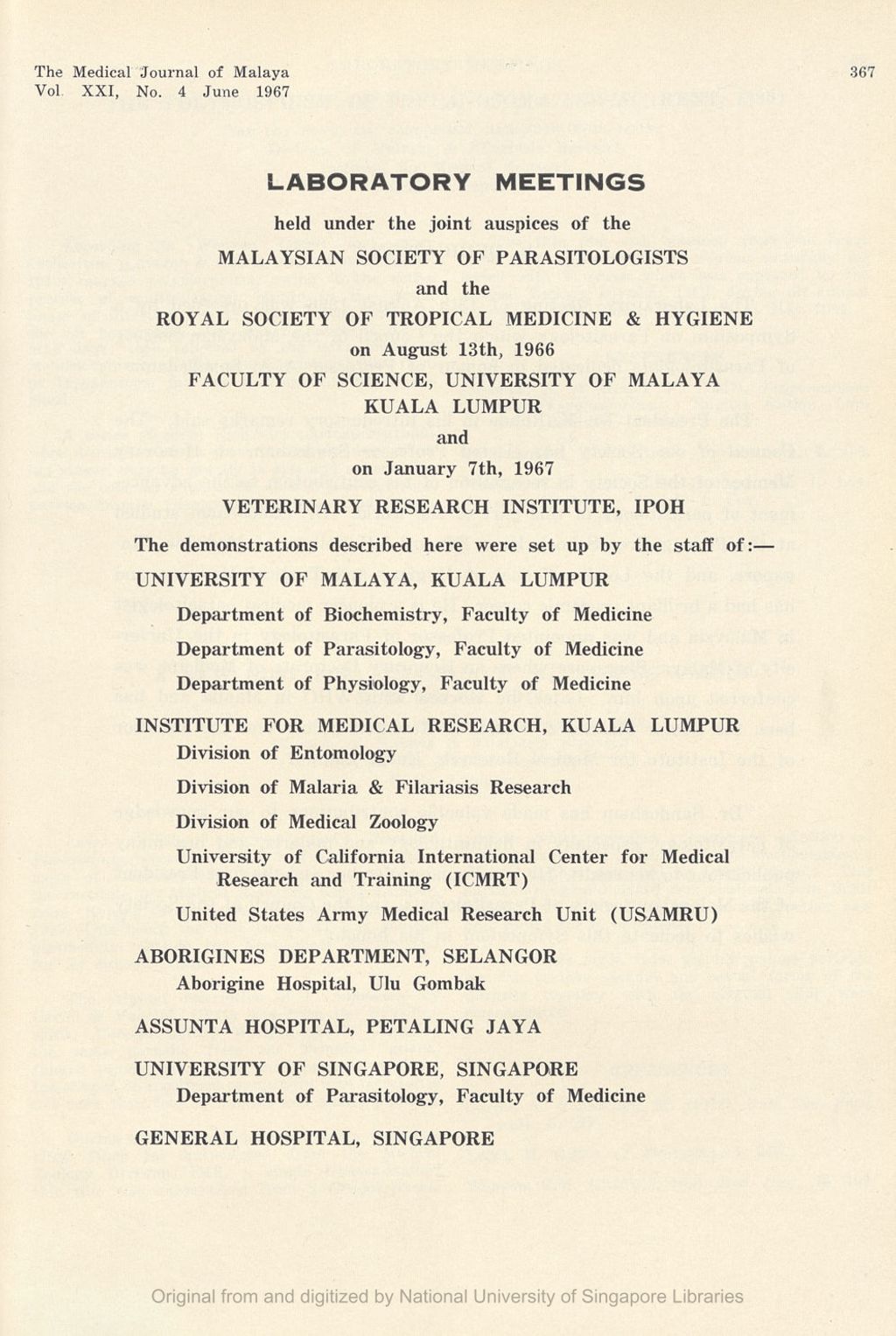 Miniature of Medical Journal of Malaya. Volume 21, Number 4. Laboratory Meetings