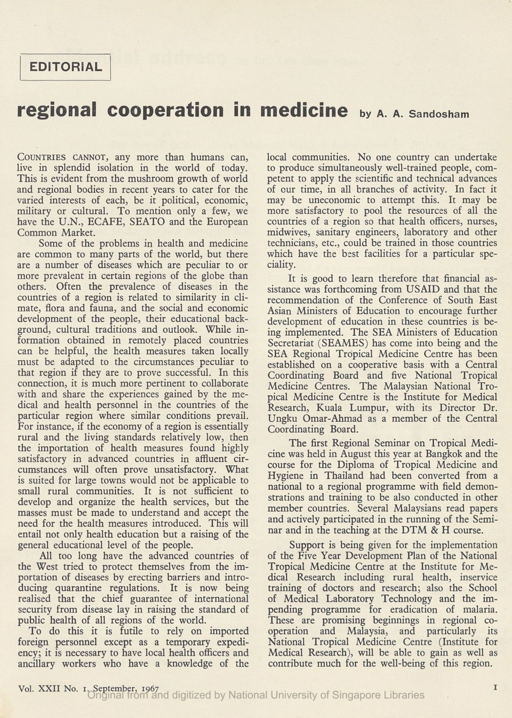 Miniature of Medical Journal of Malaya. Volume 22, Number 1. Editorial: Regional Cooperation in Medicine