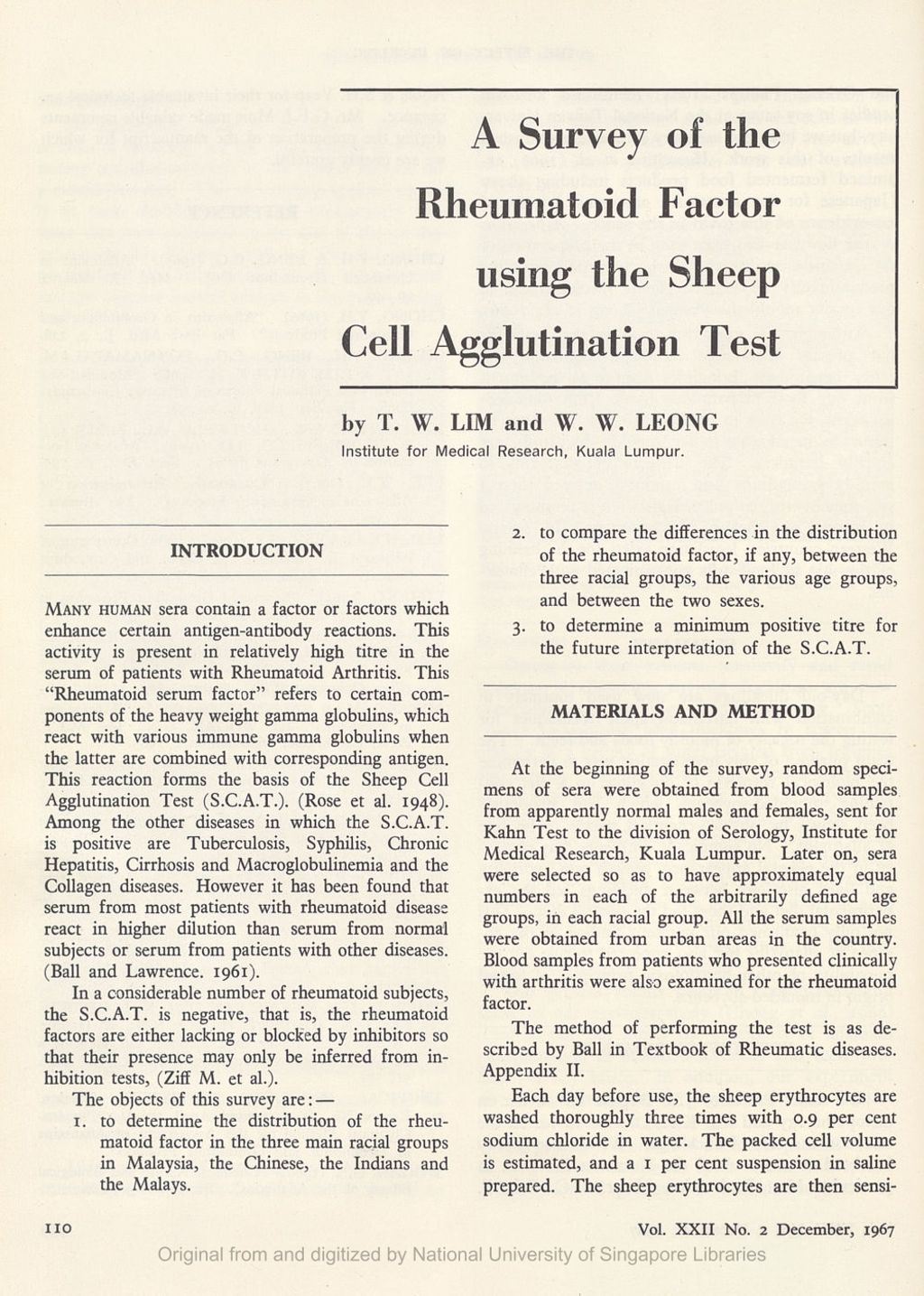 Miniature of Survey of the rheumatoid factor using the sheep cell agglutination test